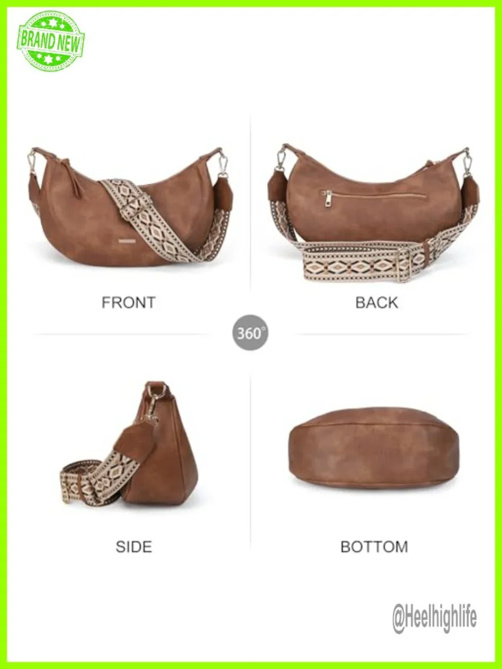 Boho Crescent Hobo Handbag Vegan Leather Crossbody Purse 4 Card Slots